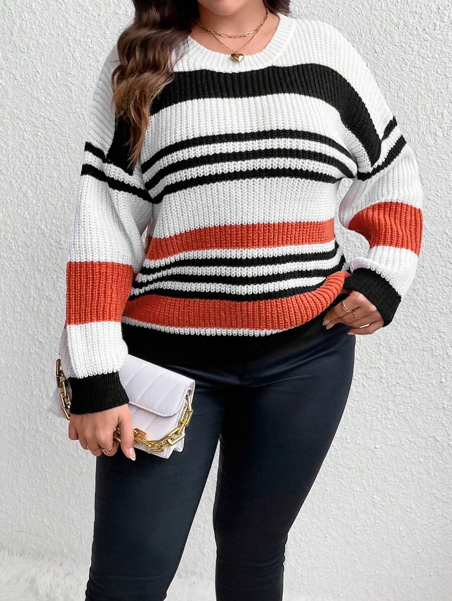 SHEIN Unity 加大码条纹图案落肩针织套头衫秋冬毛衣 - 彩色 - 查看 1