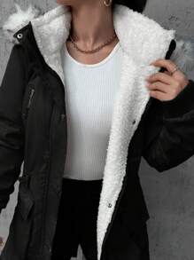 EURMUSE Flap Pocket Fuzzy Trim Hooded Thermal Lined Drawstring Waist Parka Coat - Black - View 6