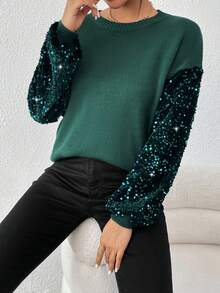 Chiquease 亮片拼接落肩袖套頭毛衣 - 綠色 - 查看 6