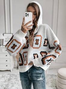 SHEIN LUNE 几何图案落肩连帽针织套头衫，适合秋冬季穿着 - 彩色 - 查看 3