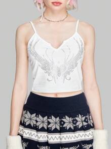 ROMWE Grunge Punk 水鑽愛心圖案吊帶上衣 - 白色 - 查看 8