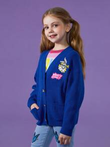LOONEY TUNES X SHEIN Tween 女孩字母和卡通刺繡雙口袋落肩開襟衫 - 藍色 - 查看 7
