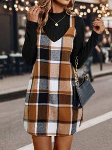 SHEIN LUNE Plaid Print Overall Dress & Tee Fall Cloth For Women - Multicolor - View 5
