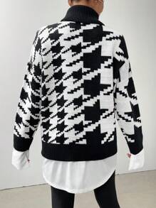 SHEIN LUNE Houndstooth Pattern Turtleneck Drop Shoulder 2 In 1 Knit Pullover Fall Winter Sweater - Black and White - View 2