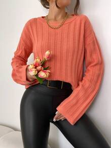 EURMUSE Solid Drop Shoulder Sweater - Coral Pink - View 4