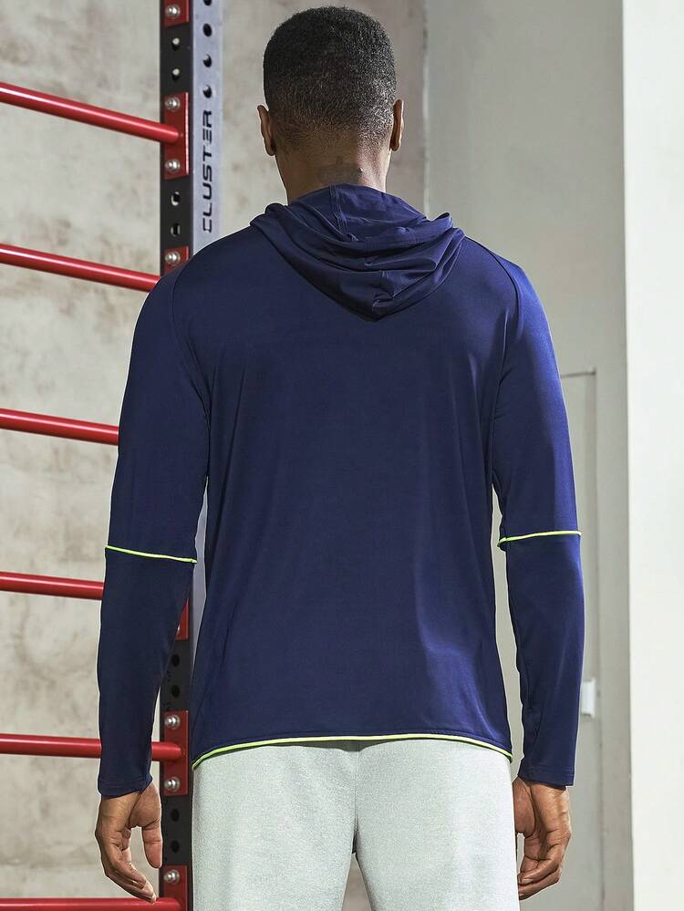 Boyfriend Style Men Letter Graphic Contrast Piping Drawstring Hooded Sports Jacket Workout Tops Sports Jacket