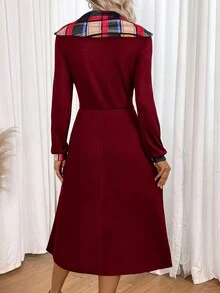 SHEIN Lady Plaid Print Button Detail Dress - Burgundy - View 2