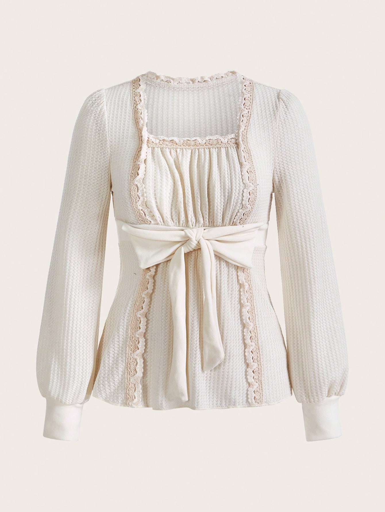 ROMWE Kawaii Square Neck Contrast Lace Trim Knot Front Tee