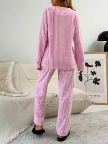 SHEIN Cottnline Heart & Letter Embroidery Flannel PJ Set - Pink - View 2