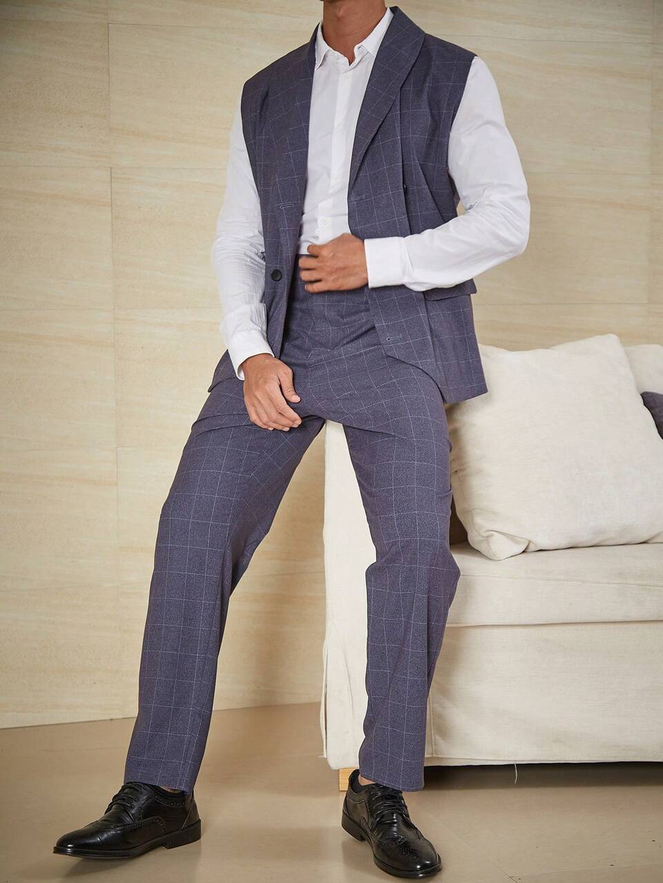 Men Plus Plaid Double Breasted Waistcoat & Suit Pants Set Without Shirt