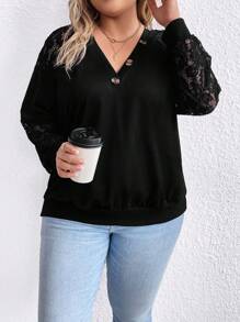 SHEIN LUNE Plus Contrast Lace Raglan Sleeve Sweatshirt - Black - View 3