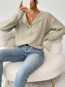 Chiquease Áo len chui đầu cổ ve áo, cài cúc phía trước, vai rớt, dệt kim kiểu cáp, thích hợp cho mùa thu đông. - Màu Khaki - Xem 6