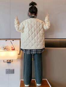 SHEIN 女童格子绗缝夹克，二合一设计 - 白色 - 查看 2