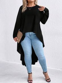 Plus Solid High Low Hem Tee - Black - View 4