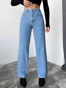 Cottnline High Waist Straight Leg Jeans - Blue - View 4