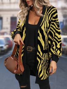 SHEIN LUNE 斑馬紋圖案燈籠袖開襟開衫 - 黃色 - 查看 4