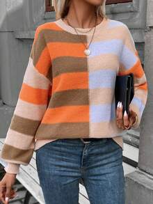 SHEIN LUNE Sọc Khối màu Thả vai Áo len - Nhiều màu - Xem 6