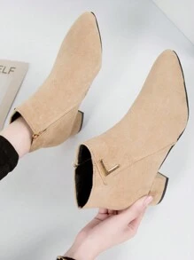 女款時尚粗跟尖頭短靴黑色踝靴仿麂皮側拉鍊閉合秋冬 - 黑色 - 查看 1