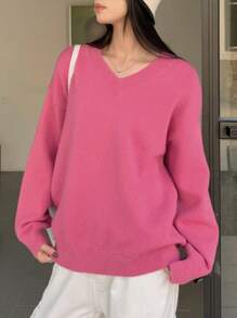 DAZY Patched Detail Drop Shoulder Sweater - Hot Pink - View 1