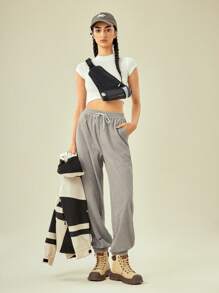 In My Nature 字母圖案腰部抽繩戶外衛褲 - 淺灰色 - 查看 7