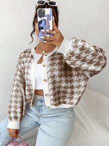 SHEIN Qutie 大碼千鳥格前排扣開襟衫 - 咖啡棕 - 查看 6