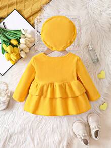 Baby Girl Bow Front Ruffle Trim Button Up Peplum Top & Hat - Mustard Yellow - View 2