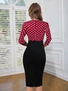 HOMEYEE Polka Dot Print Surplice Neck Bodycon Dress - Red - View 2