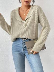 Chiquease Áo len chui đầu cổ ve áo, cài cúc phía trước, vai rớt, dệt kim kiểu cáp, thích hợp cho mùa thu đông. - Màu Khaki - Xem 4