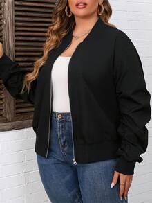 Celure Plus Rhinestone Slogan Pattern Drop Shoulder Bomber Jacket - Black - View 6