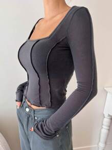 DAZY Khâu Thiết kế Cổ áo vuông Tay áo dài Áo - Xám - Xem 4