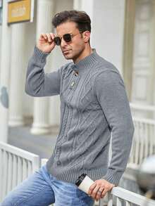Manfinity Homme 男士紐帶扭紋針織開襟衫毛衣 - 灰色 - 查看 3