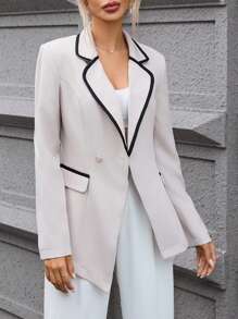 SHEIN Privé Blazer Sin Cuello Con Bolsillos Con Solapa Y Bordes De Patchwork - Albaricoque - Ver 6
