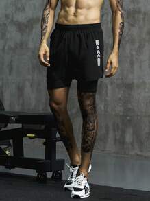 Manfinity Sport Corelite 男士字母图案二合一运动短裤，带手机口袋，黑色运动短裤 - 黑色 - 查看 3