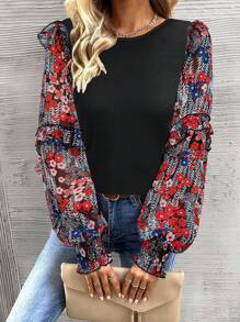 EMERY ROSE 印花燈籠袖荷葉邊上衣 - 紅色 - 查看 3