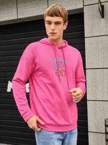 Manfinity VCAY Loose Fit Men's Cherry & Letter Graphic Drop Shoulder Hoodie With Drawstring, For Fall Winter - Red - View 3