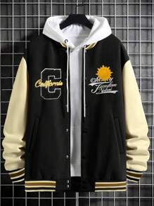 Manfinity Homme 男士大码字母圖案撞色落肩袖學院風夾克無連帽衫 - 黑色 - 查看 1