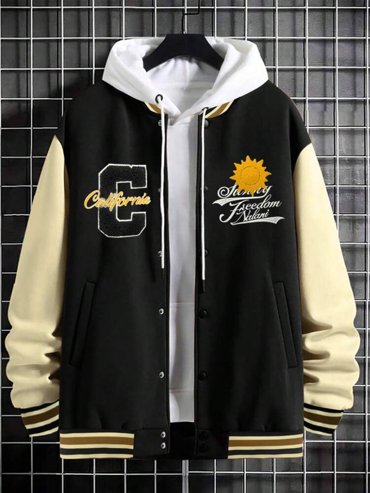 Men Plus Letter Graphic Colorblock Drop Shoulder Varsity Jacket Without Hoodie