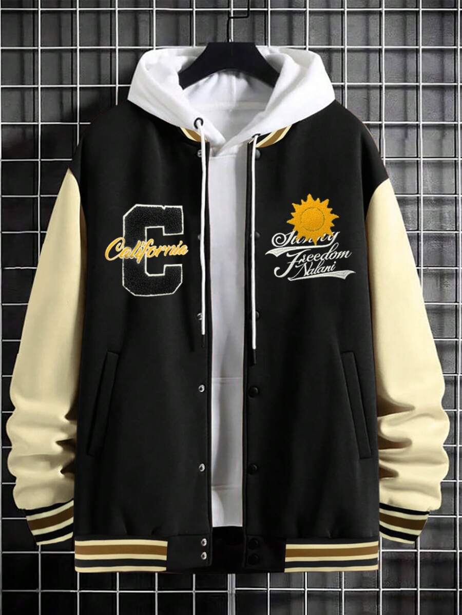 Manfinity Homme 男士大码字母圖案撞色落肩袖學院風夾克無連帽衫 - 黑色 - 查看 1