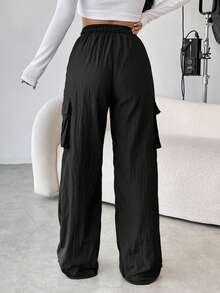 SHEIN Unity Flap Pocket Side Drawstring Waist Cargo Pants - Black - View 2