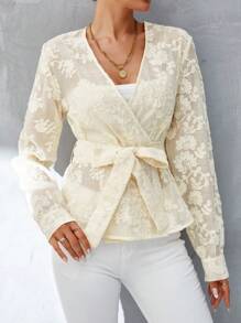 Aveloria Blusa floral jacquard con cinturón sin camisola