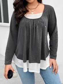SHEIN LUNE Hơn Khối màu Chi tiết Nút Tee 2 trong1 - Xám - Xem 6