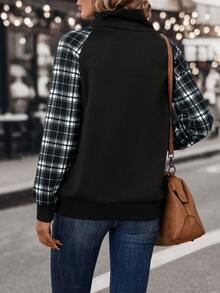 SHEIN LUNE Plaid Print Raglan Sleeve Button Detail Sweatshirt - Black - View 2