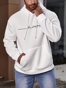 Manfinity Men Plus Letter Graphic Kangaroo Pocket Drawstring Hoodie - White - View 5