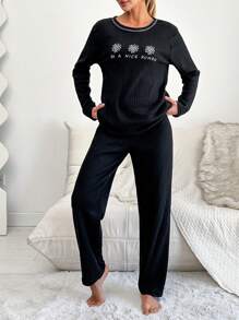 RueChic Floral & Slogan Graphic Ribbed Knit Lounge Set - Black - View 3