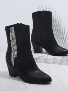 SHUZIA Đồ trang trí Rhinestone Dây kéo bên Gót thô Giày ống - màu đen - Xem 3