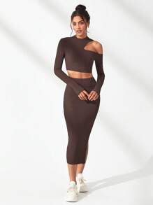 SHEIN Sport Studio Sólido Split Thigh Canelado Esportes Saia