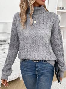 SHEIN LUNE Turtleneck Cable Knit Drop Shoulder Sweater - Grey - View 1