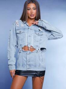 Denimoi 可拆卸纽扣破洞牛仔夹克 - 淺色水洗藍 - 查看 5