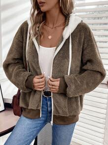 SHEIN LUNE Thả vai Dây rút áo có mũ Flannelette Áo khoác - Màu xám đen - Xem 4