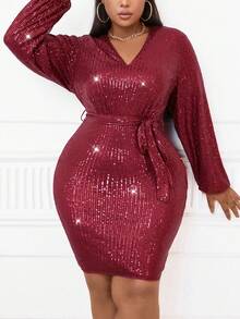 SHEIN BAE Plus Lantern Sleeve Belted Sequin Bodycon Dress - Burgundy - View 5